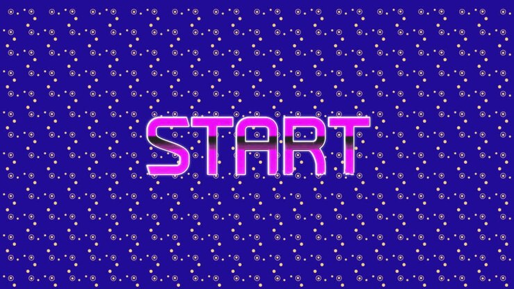 Animation of start text over neon spots on blue background
