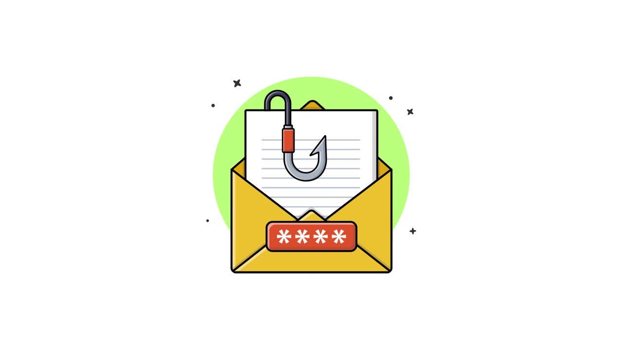 Cartoon-animation af phishing-e-mail med adgangskode og krog