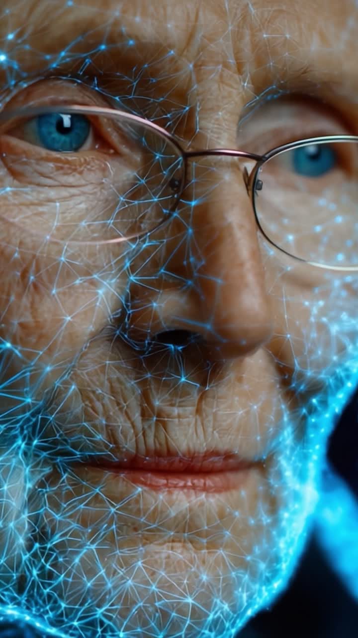 Esplorando l'intersezione tra umanità e tecnologia: Un primo piano di una rappresentazione digitale di un volto anziano arricchita con motivi di rete blu futuristici.
