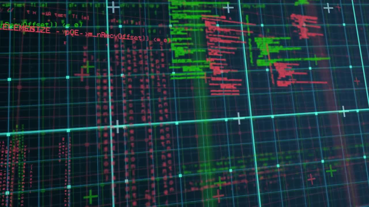 Animation of grid patterns over computer language against black background