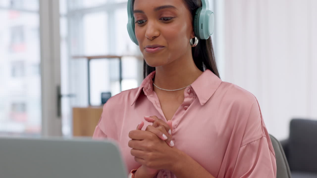 Woman, headphones and virtual work meeting at home
