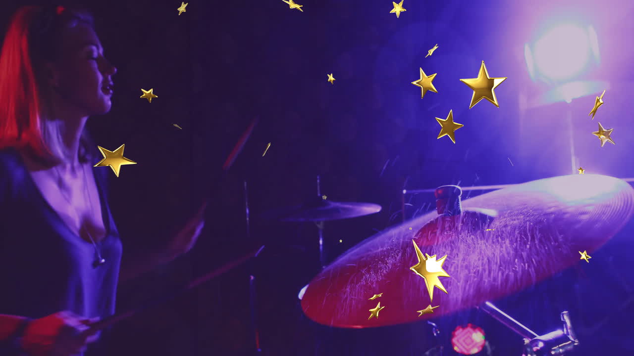 woman playing drum kit for music under purple blue stage lighting, featuring golden star animations