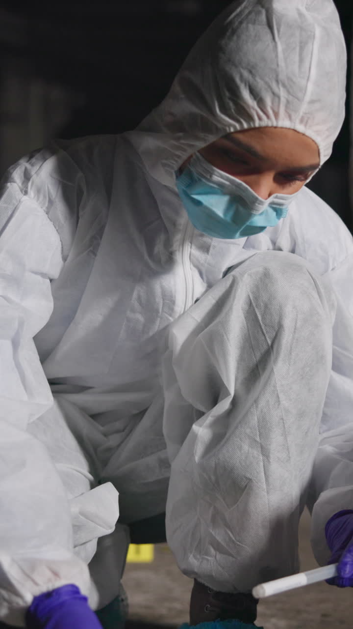 A crime scene investigator in a white hazmat suit collects evidence from a crime scene