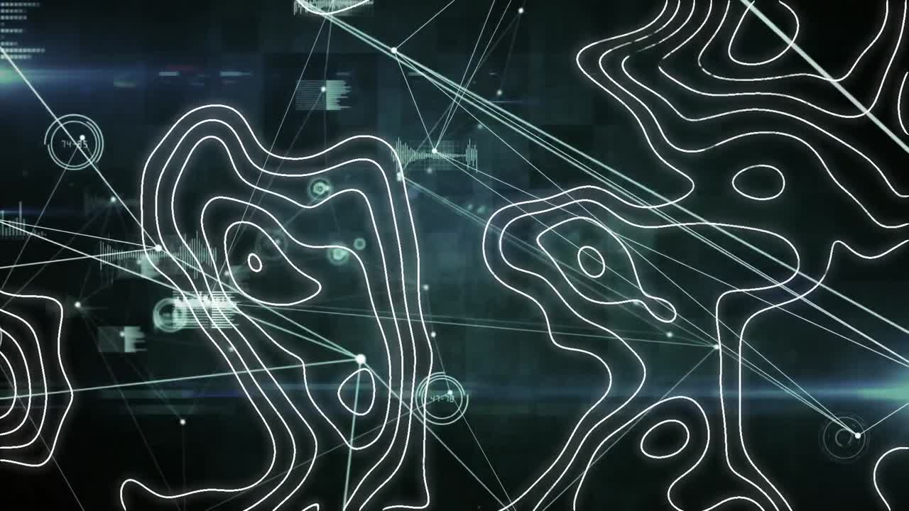 animación digital de la topografía a través de una red de conexiones y procesamiento de datos sobre fondo negro