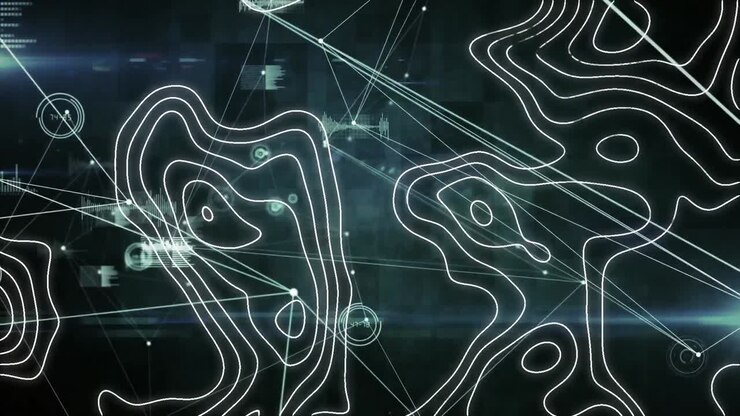 Animazione digitale della topografia su rete di connessioni e elaborazione dati su sfondo nero