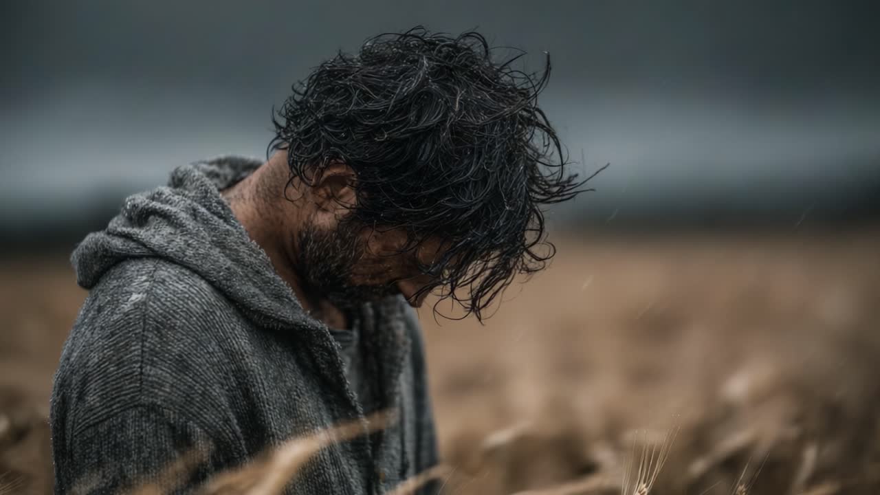 A somber figure stands amidst a vast field of golden wheat, rain cascading down, embodying a moment of reflection and introspection in a moody, atmospheric landscape