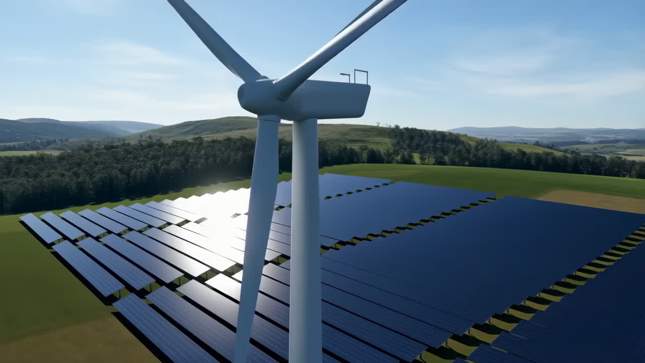 Turbina eolica e pannelli solari in un paesaggio rurale per la generazione di energia rinnovabile