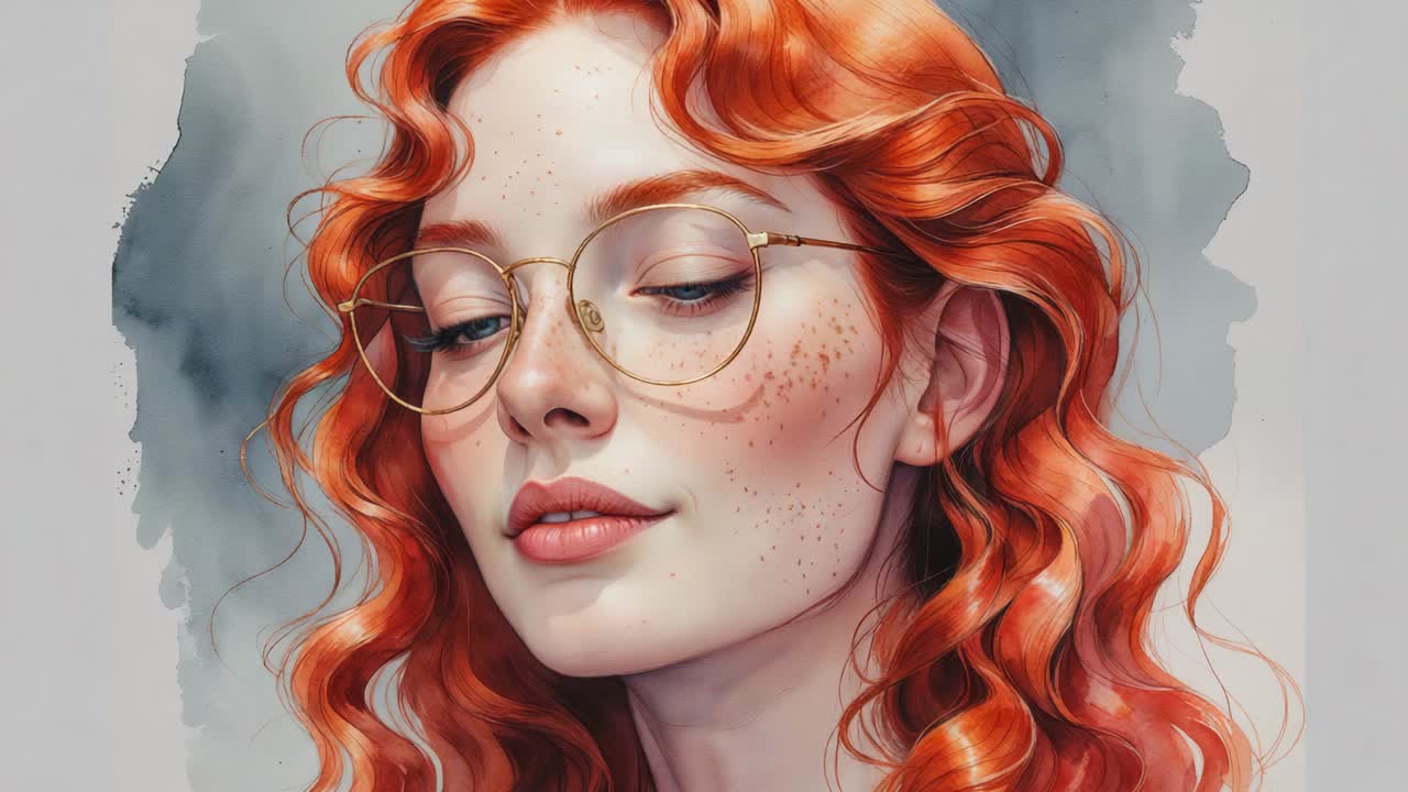 Opening studio portrait showing redhead woman blinking and tilting head with gold rims eyeglasses