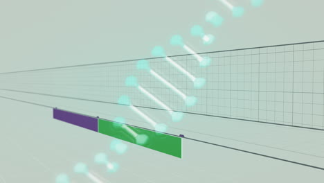 animación de una cadena de adn giratoria sobre un fondo beige con líneas violetas y verdes