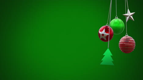animación de decoraciones de bolas de navidad en fondo verde