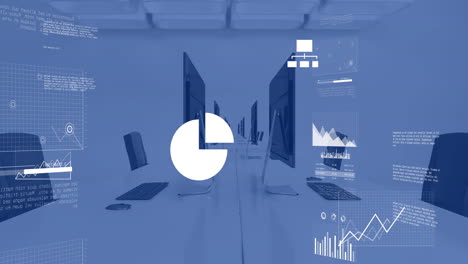 animación de procesamiento de datos y estadísticas en computadoras en escritorios de oficina sobre fondo azul