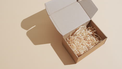 an open cardboard box filled with packing material is presented on a plain background, with copy spa