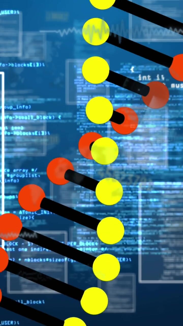 Animation af dna-streng, der snurrer rundt, og databehandling på blå baggrund