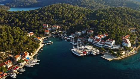 Vista-Aérea-Sobre-El-Puerto-En-La-Aldea-De-Pomena-En-El-Parque-Nacional-De-Mljet-En-Croacia---Disparo-De-Drones