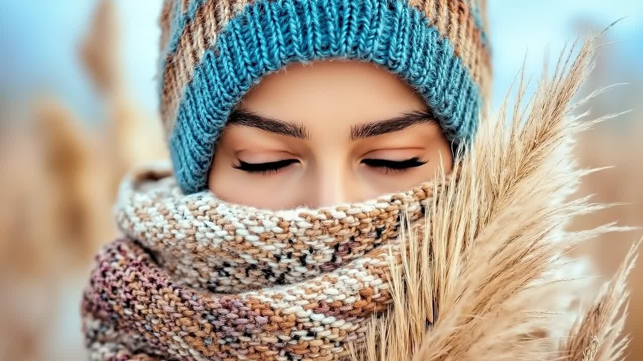 A woman wearing a knitted hat and scarf in a field of tall grass