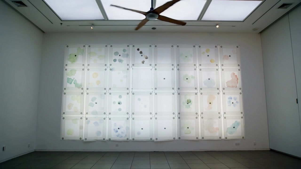 Showing frosted panel grid getting skylight glow at gallery, with fan spinning, pastel dots, mounts