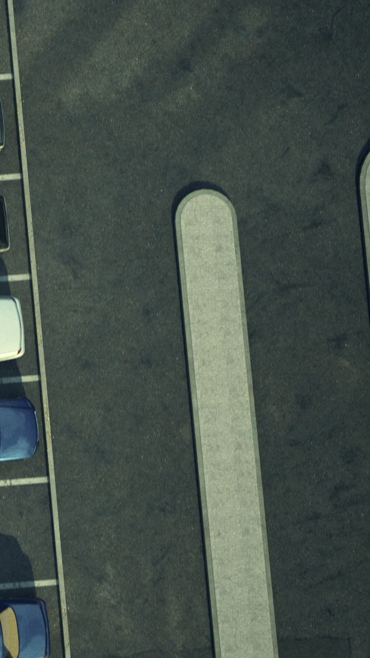 Cars parked in a lot with a clear space in between at sunset