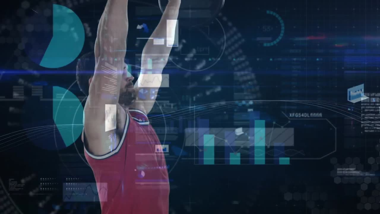 animación del procesamiento de datos sobre un hombre fuerte levantando pesas