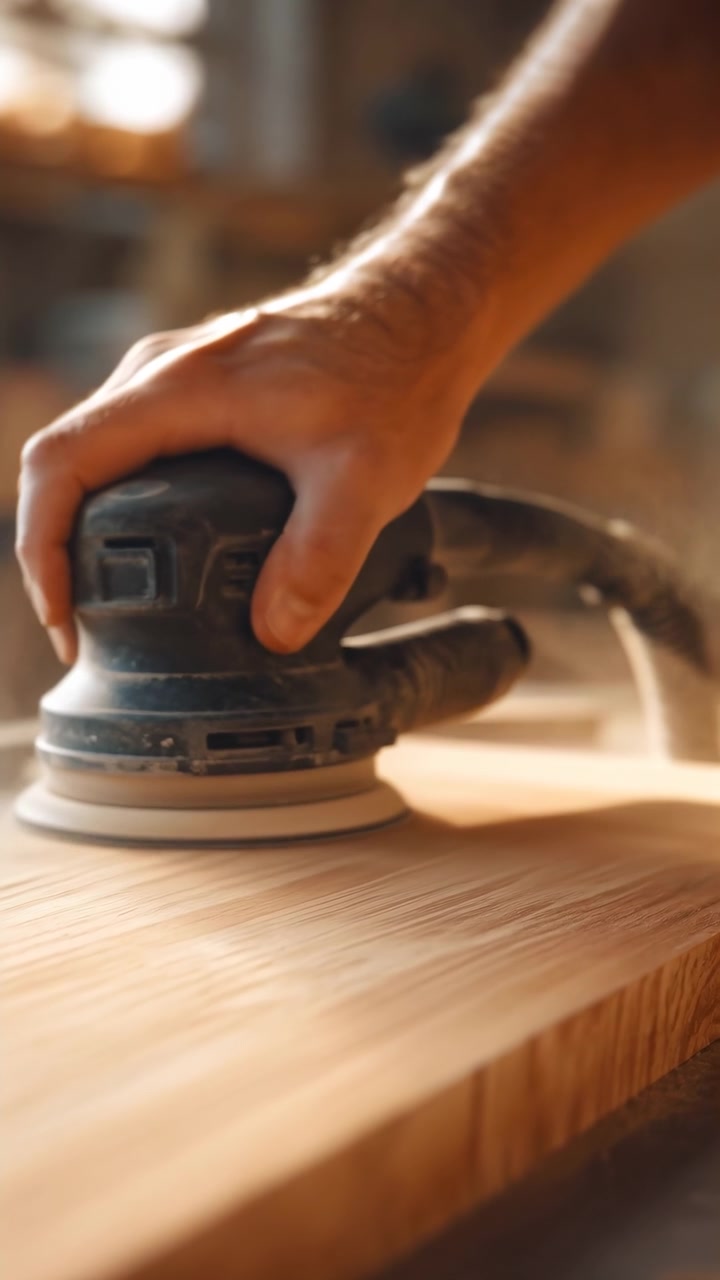 Right hand grips orbital sander while moving abrasive pad across unfinished hardwood plank on workbench, creating fine dust, soft motion blur, visible sanding marks, and rich wood texture in warm