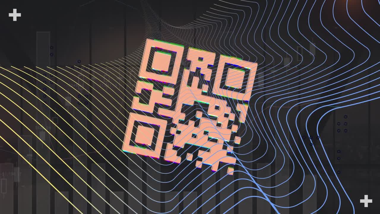 Animation of digital wave over qr code scanner and statistical data processing on grey background