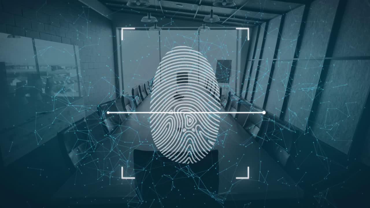 animación del visor y la huella del pulgar con puntos conectados sobre una sala de conferencias vacía