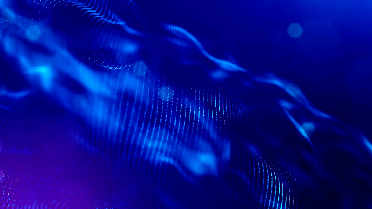 las partículas forman una línea, una cuadrícula de superficie o un misterioso espacio virtual. animación 3d sin costuras como fondo de ciencia ficción digital de partículas brillantes con profundidad de campo, bokeh. cuerdas azules 4