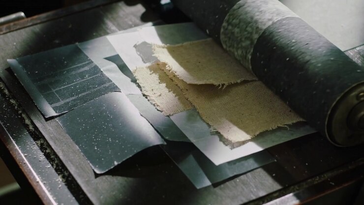 Descending roller advancing right, pressing white stack with torn tan fabric on table, flattening