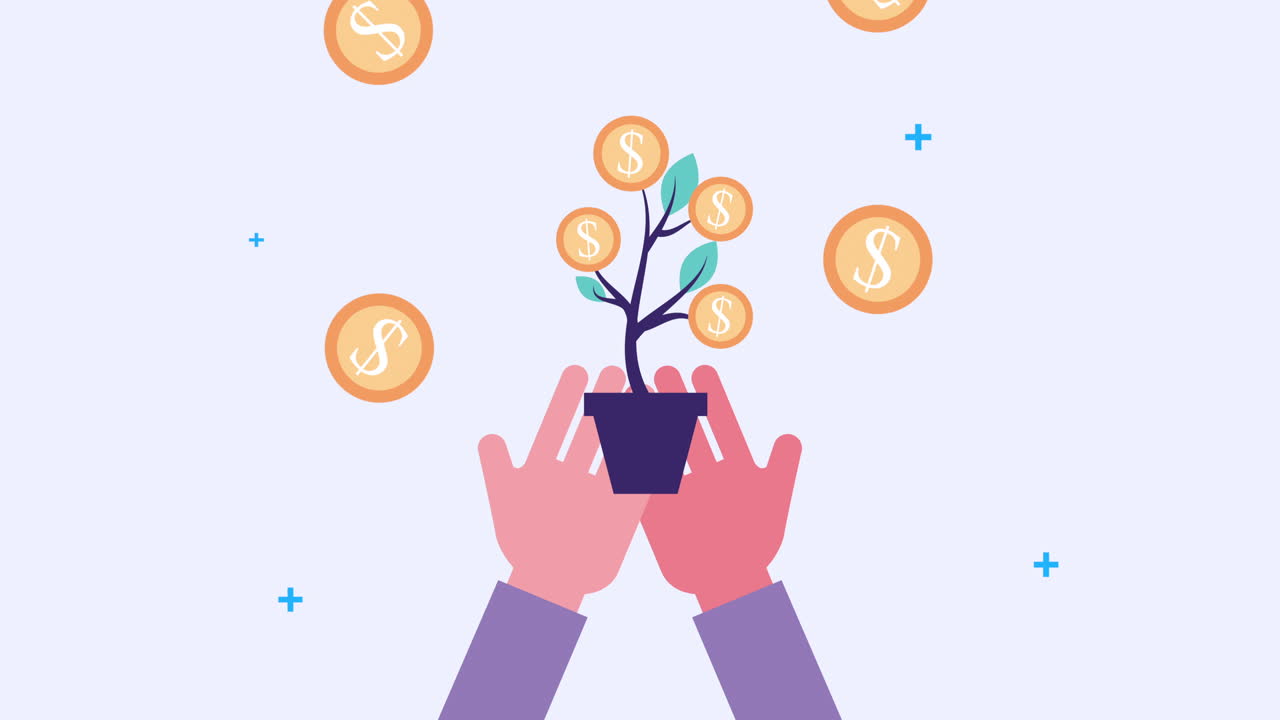 hands lifting plant of coins dollars economy