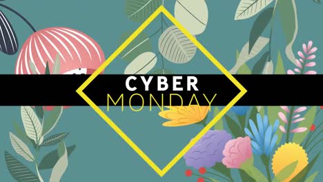 animación digital del banner de texto de cyber monday contra diseños florales en un fondo verde