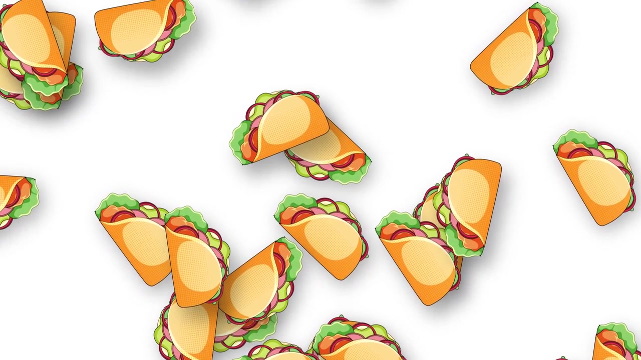 Tacos de desenho animado caem verticalmente pelo quadro contra um fundo branco limpo.