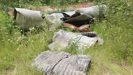 metal scrap pipe waste decomposing into the grass in a beautiful forest