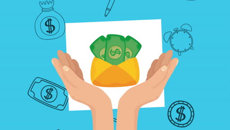 levantando a mano un sobre con billetes dinero finanzas