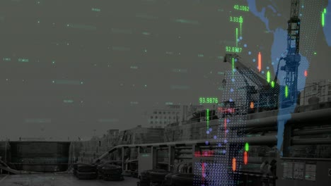 animación del procesamiento de datos financieros sobre el mapa del mundo y el sitio de construcción