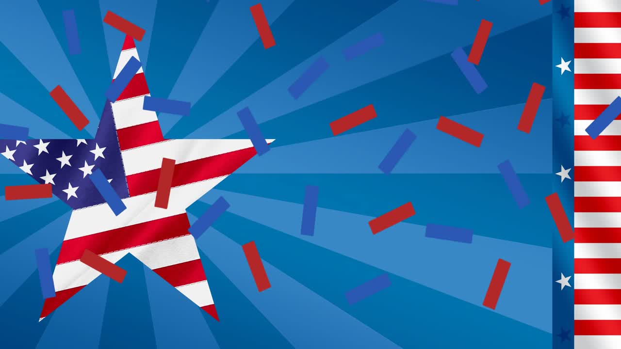 Animation of confetti and star coloured with american flag