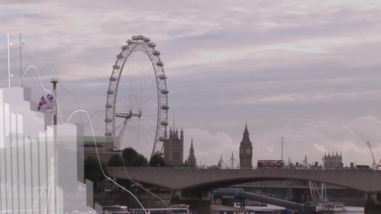 런던 시내 풍경에서 금융 데이터 처리의 애니메이션