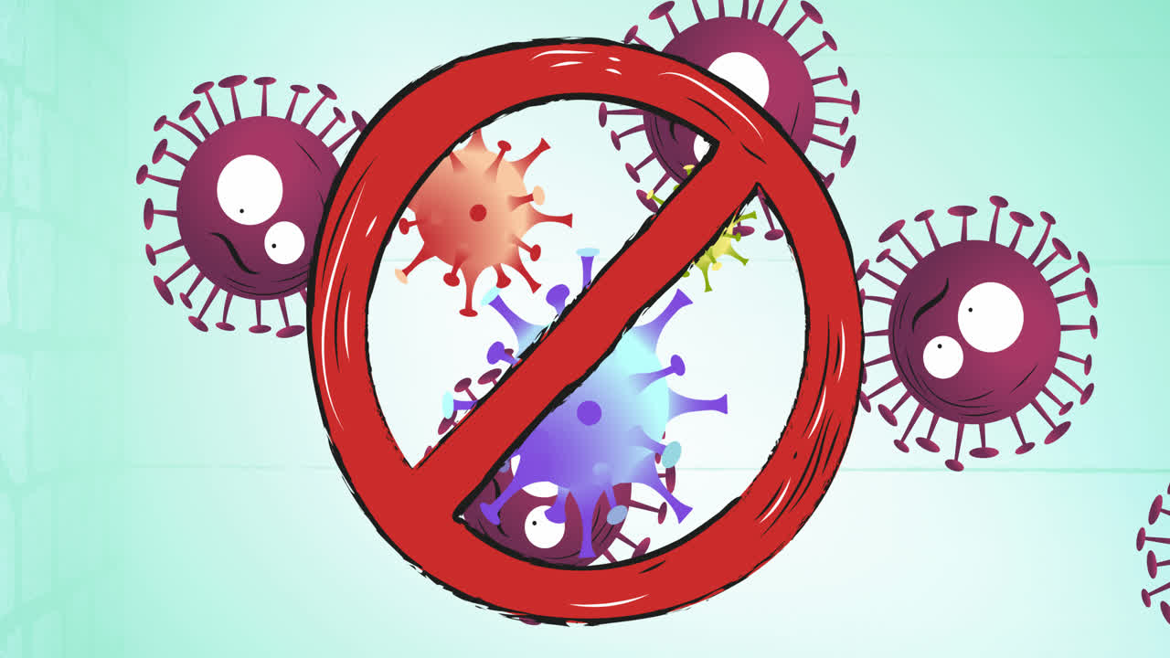 녹색 배경에 코로나19 세포 위에 입국 금지 표지판의 애니메이션