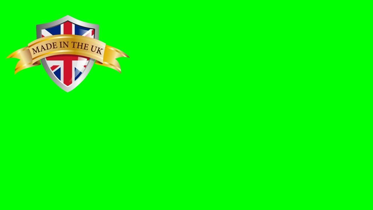 영국에서 만들어진, 발과 리본과 텍스트를 가진 방패. 복사 공간과 함께 크로마 키. 2d 애니메이션. gif를위한 클립 영상 4k.