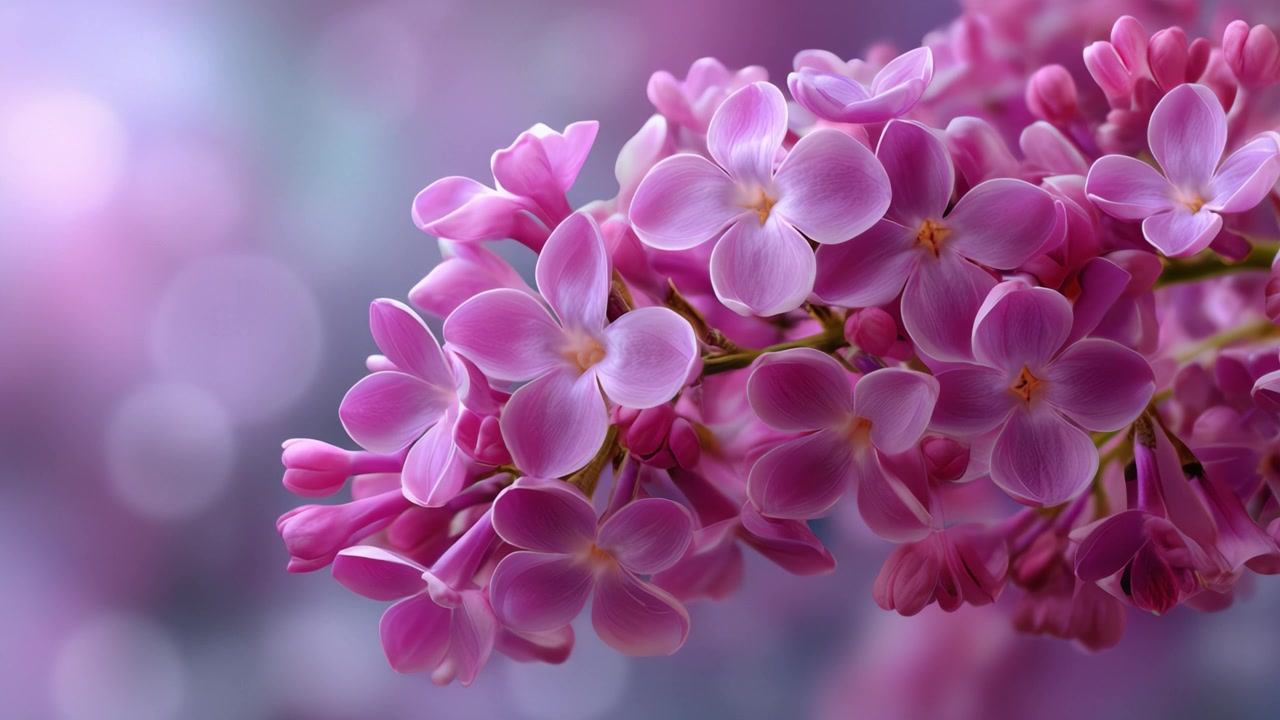 En vacker närbild av delikata syrenblommor som visar deras livfulla lila kronblad och mjuka stjälkar mot en drömsk bokeh-bakgrund full av färgglada nyanser