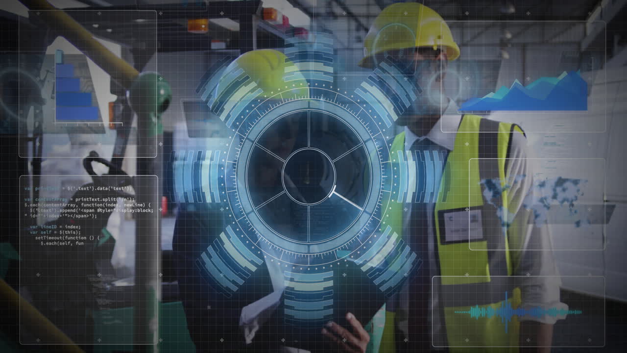 Discussing with digital interface, engineers in safety gear in industrial setting