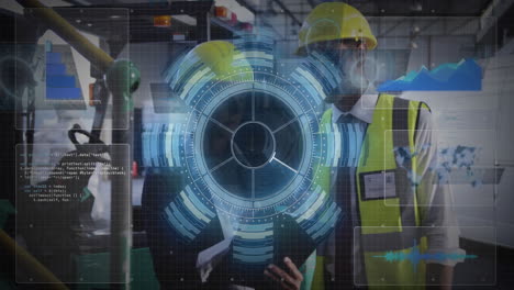 discussing with digital interface, engineers in safety gear in industrial setting