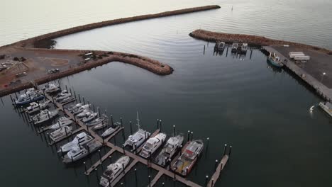 Drone-aerial-over-boats-docked-at-Exmouth-harbour