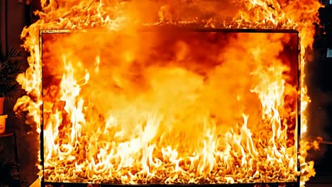 un televisor de pantalla plana sentado en la parte superior de una mesa de madera frente a un fuego