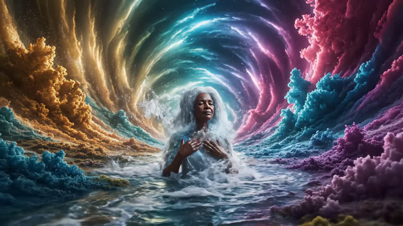Serene Woman with Water and Galaxy Abstract Portrait