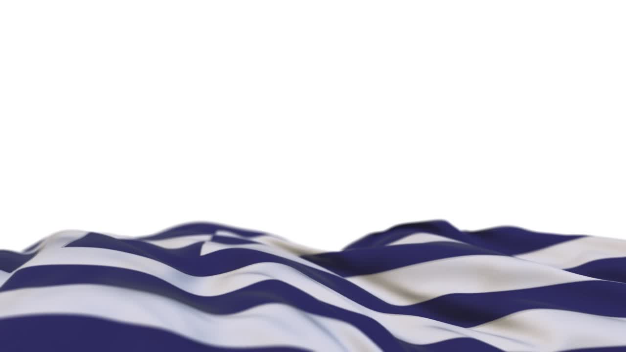 bandera de la grecia tela ondeando en el bucle de viento. bordado griego estandarte de tela cosida balanceándose en la brisa. fondo blanco medio lleno. lugar para el texto. bucle de 20 segundos.