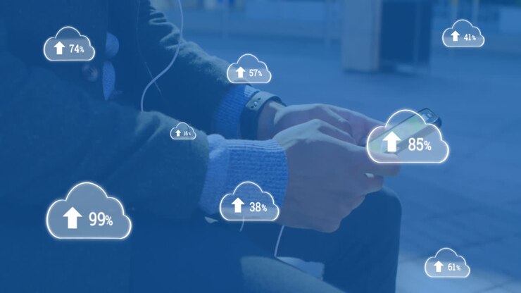 Animation of digital clouds with percent going up over man using smartphone