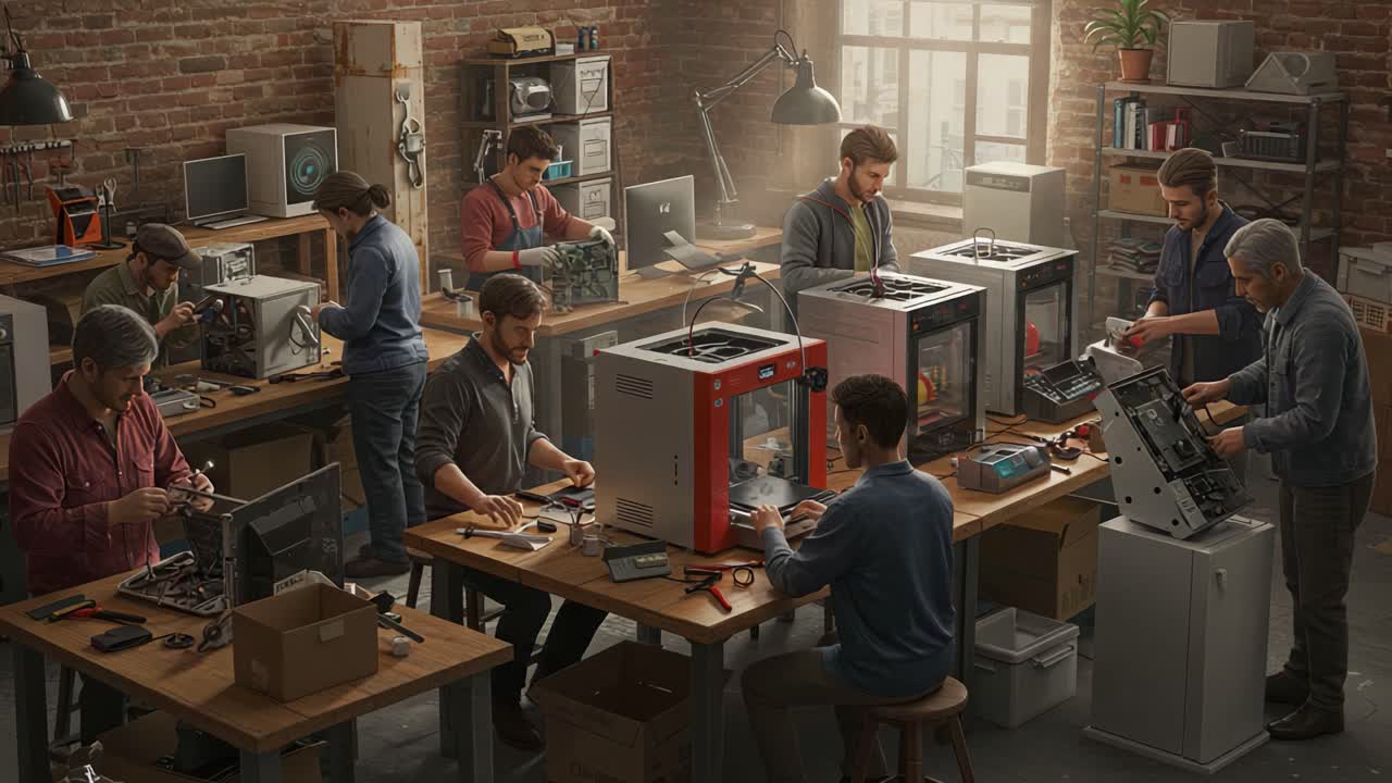 A Dynamic Workshop Scene Featuring Multiple Technicians Collaboratively Building and Repairing Computers in a Modern Workshop Environment with Innovative Tools and Equipment
