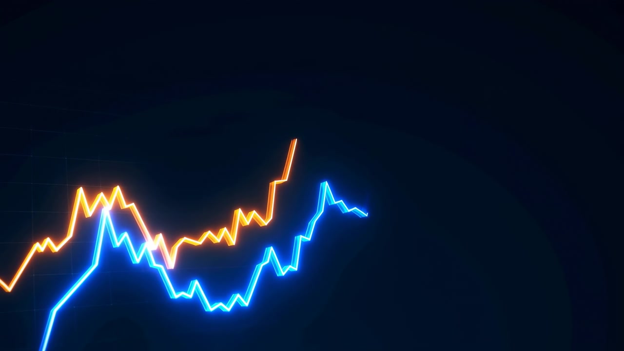 Neon Blue And Orange Line Charts Showing Rising Market Trend On Dark Grid Background, Glowing Pulses