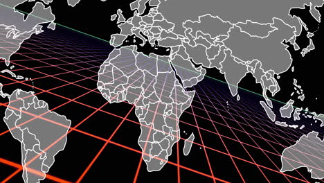 animation of world map highlighting continents and countries over red and black grid