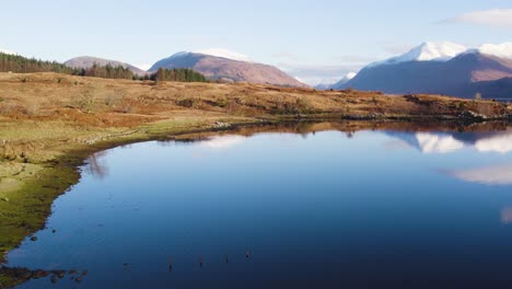 Imágenes-Aéreas-De-Drones-Volando-Descendiendo-A-Las-Orillas-De-Loch-Etive-En-Glen-Etive-En-Las-Tierras-Altas-De-Escocia-Con-Montañas-Cubiertas-De-Nieve-En-Invierno,-árboles,-Un-Bosque-Y-Agua-Todavía-Reflectante