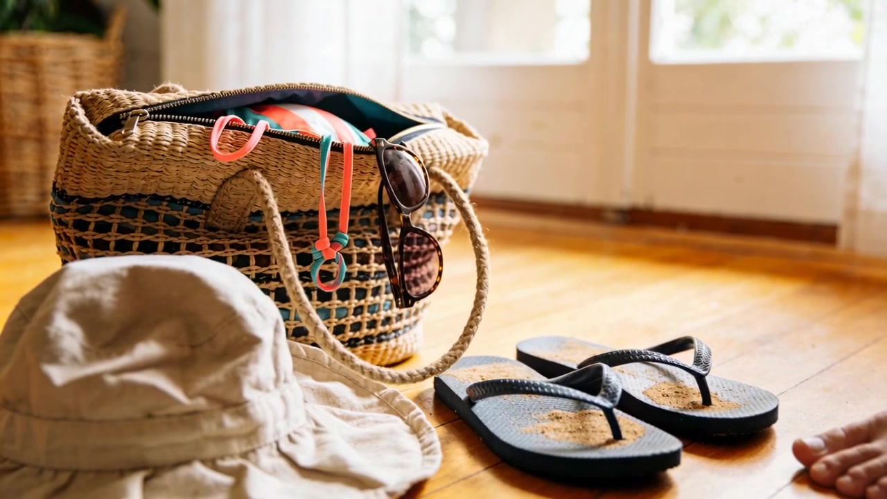 Una mano che arriva da destra apre una borsa intrecciata vicino alle porte, mostrando occhiali da sole e un cappello, preparandosi ad uscire.